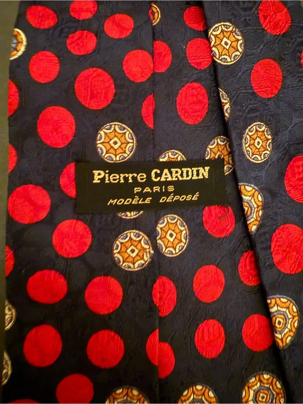 Vtg. Pierre Cardin Navy Tie with Red Polka Dots and Gold Medallions